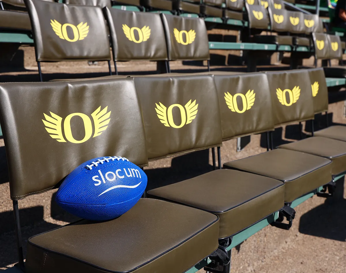 blue football with Slocum logo at autzen stadium